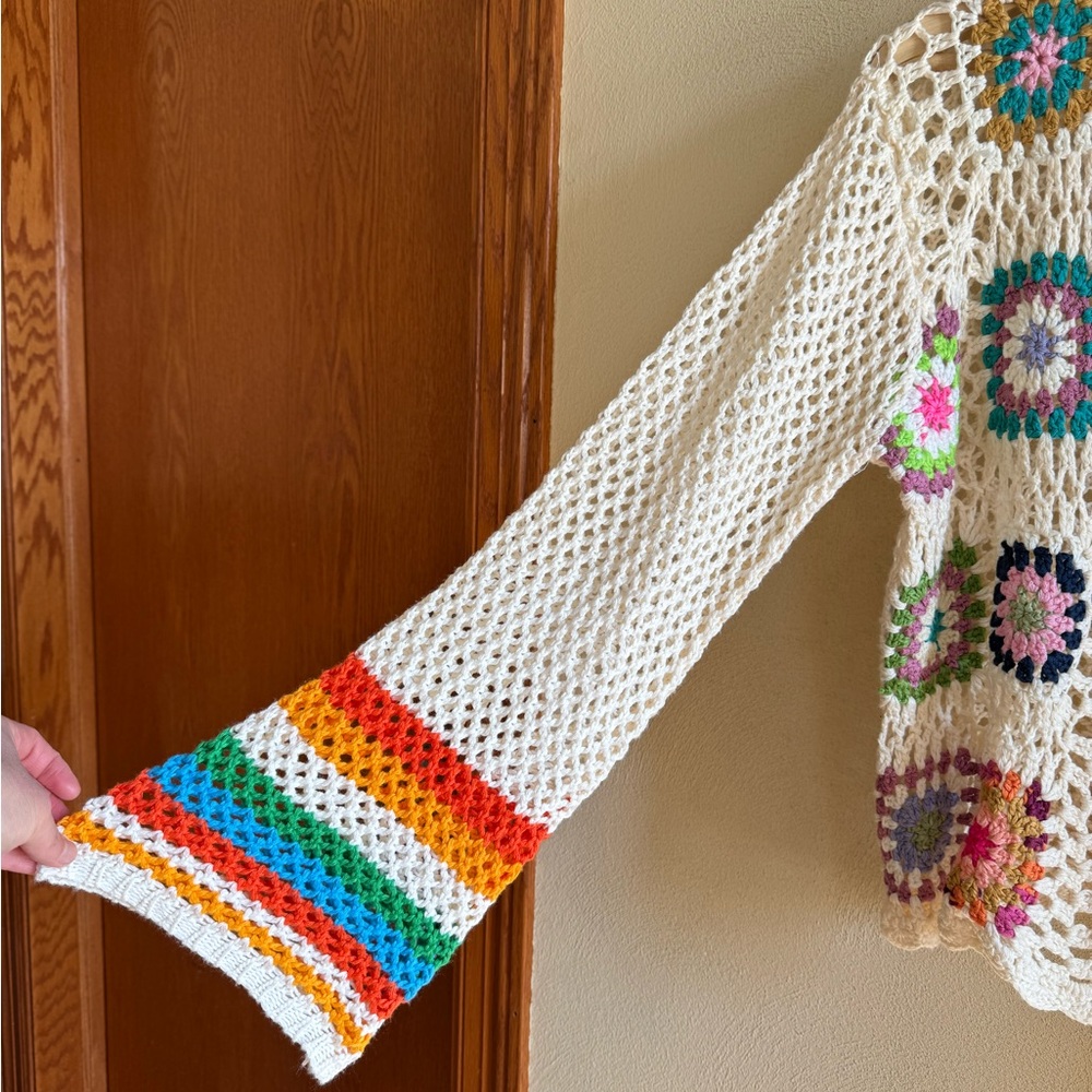 Floral Multi Color Granny Square Crochet Striped Bell Sleeve Cardigan Sweater S - Picture 4 of 10